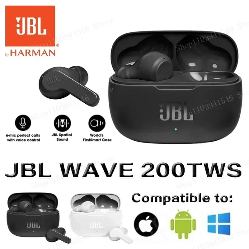 Fones de ouvido sem fio JBL WAVE 200TWS com tecnologia Bluetooth 5.0, fones de ouvido esportivos com microfone, versão HK.