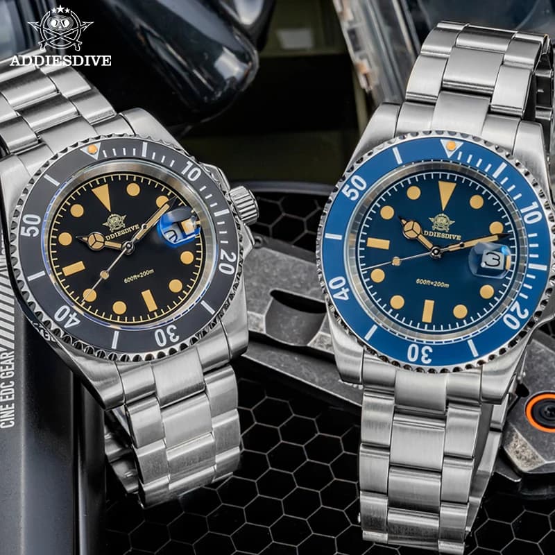 ADDIESDIVE Relógio de mergulho masculino de 41mm, 200m, resistente à água, vintage, super luminoso, moldura de cerâmica, exibição de data, relógio de quartzo de aço 316L