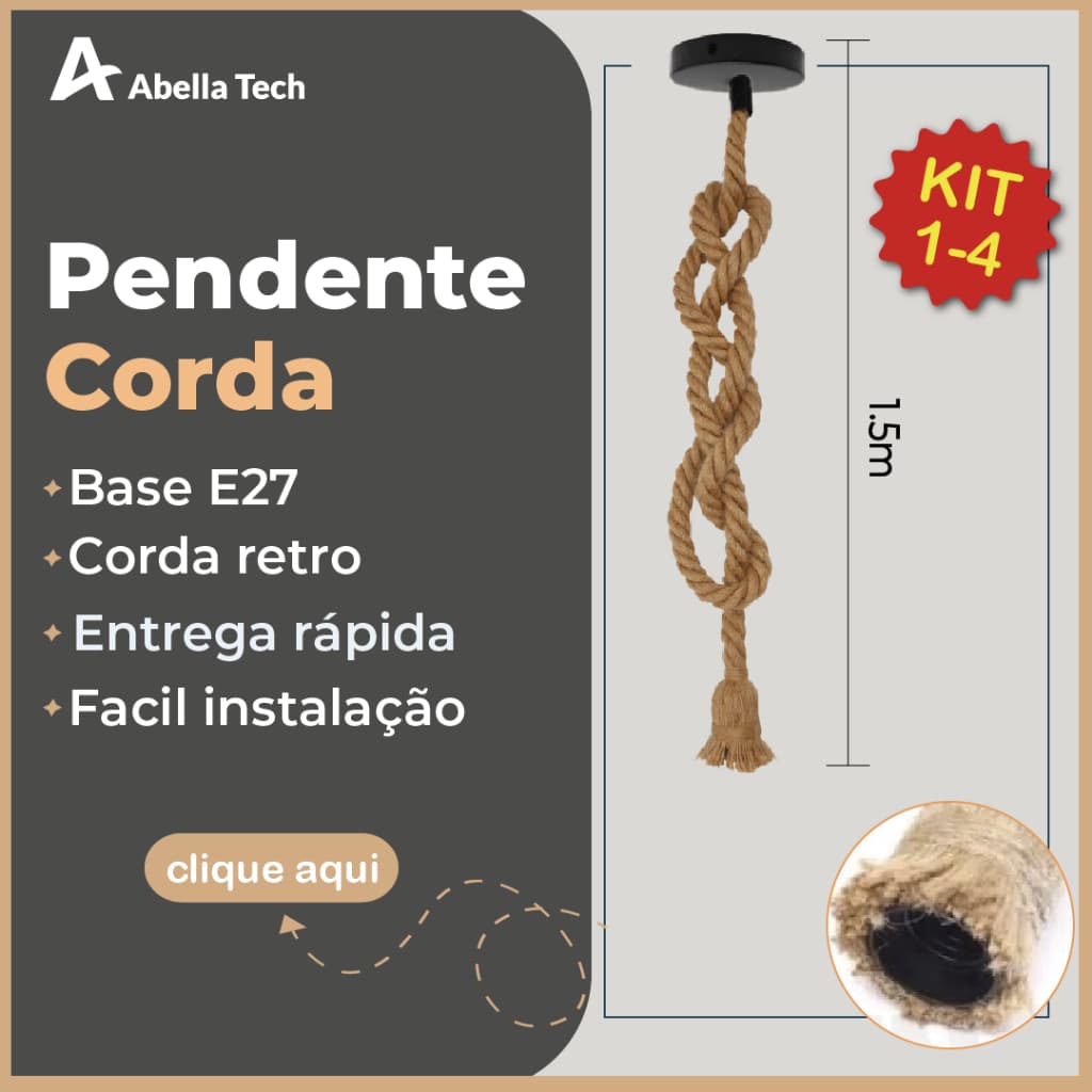 Pendente Corda 1.5M Retro Vintage Rústico Sisal E27 Para Decoração Com Detalhes Pérola Preta