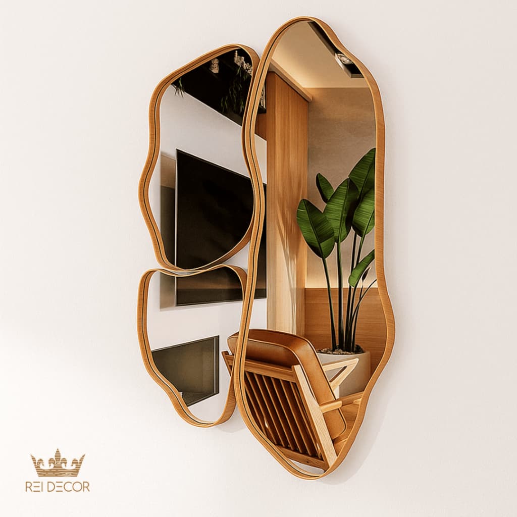 Kit 3 Espelhos Orgânicos Slim Decorativos Cinamomo Moldura Amadeirada Assimétricos c/ Suporte