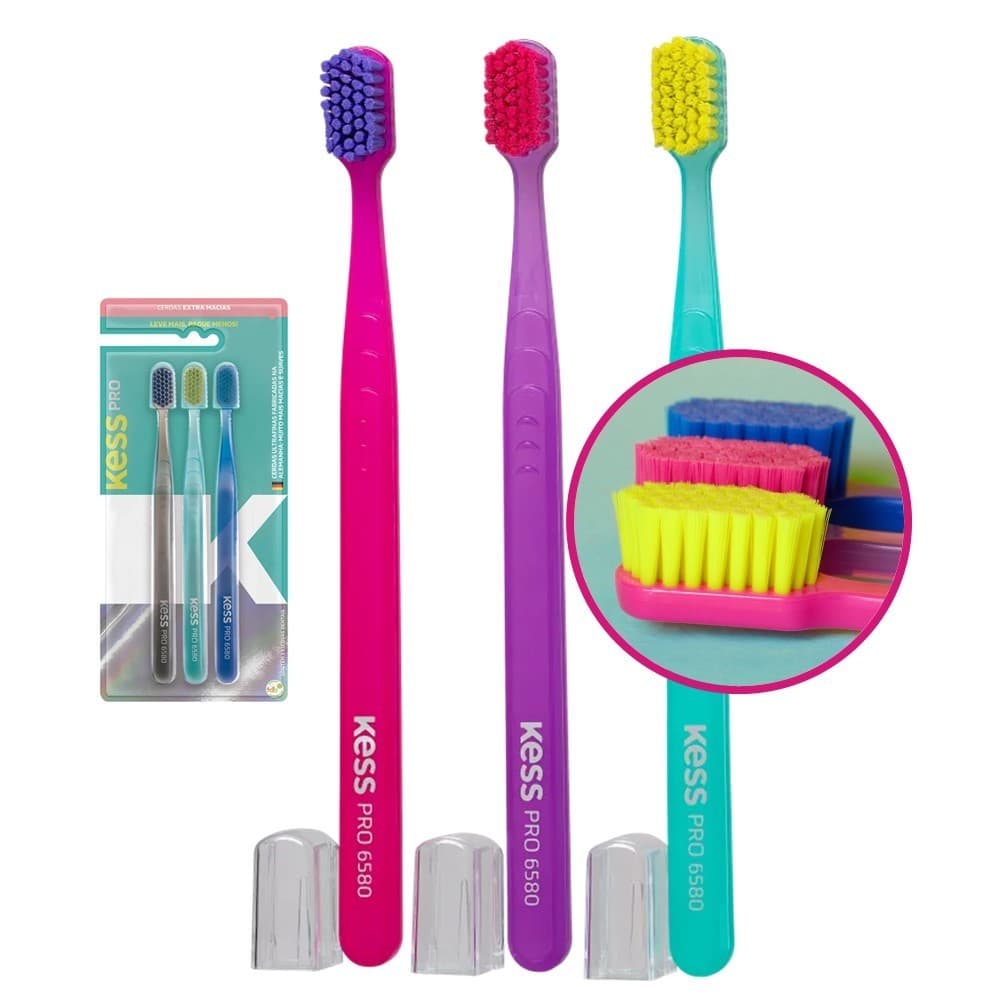 Kit 3 Escova de Dente Cerdas Extra Macias Dental Kess Pro 6580 Coloridas