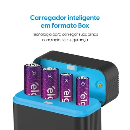 Carregador De Pilhas Recarregáveis Elgin Box Tipo C Com 4 Pilhas Recarregáveis 2aa 2aaa