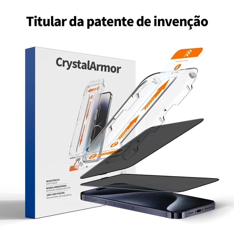 CrystalArmor Kit com 2 Película 3d 9H Privacidade Aplicador iPhone17 Pro Max 16/15/14/13/12/11/XR/XS/X