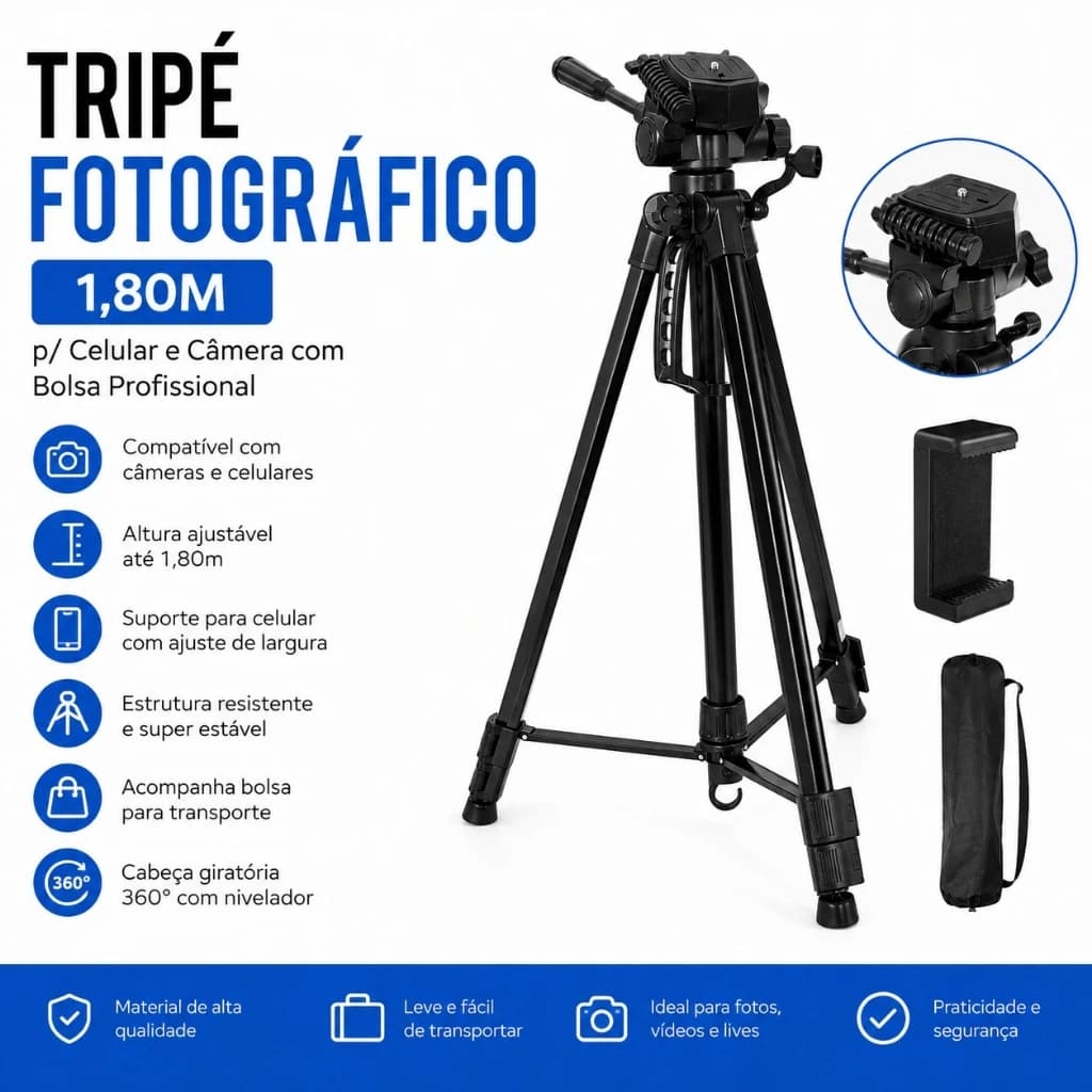 Tripé Fotográfico 1,80M Para Celular e Câmera Profissional com Bolsa, Suporte e Cabeça Móvel – Preto